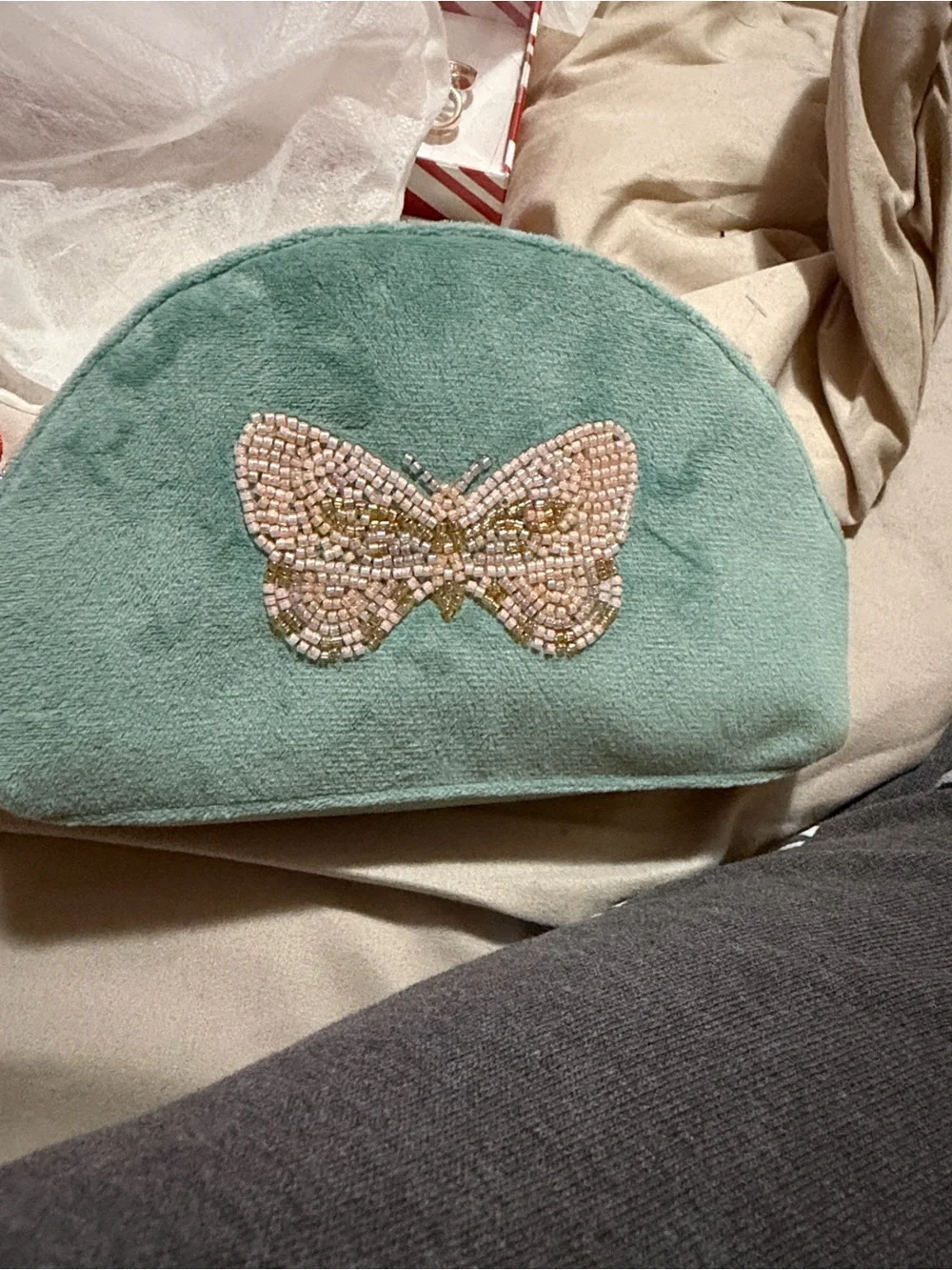 Beaded Butterfly Velvet Cosmetic Pouch - Teal